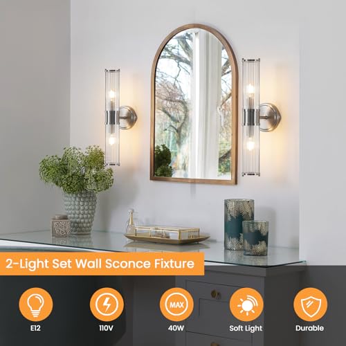 Image of Bathroom Sconce Wall Lighting - Nickel Bathroom Vanity Light Fixture Vertical and Horizontal Wall Mount 2-Light Modern Indoor Wall Light for Hallway Living Room(E12 Bulbs Excluded)
