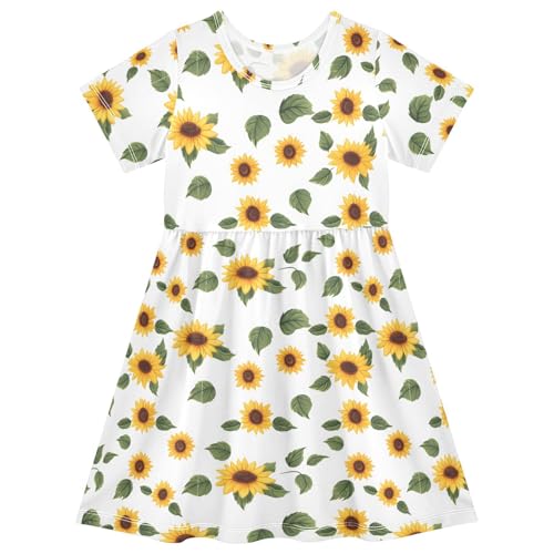 Sunflowers and Leaves Girls Short Sleeve Dress Casual A Line Twirly Skater Dresses