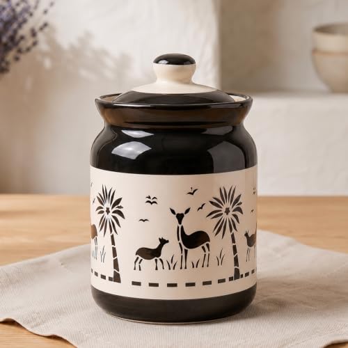 Image of D'Maiolica Ceramic Pickle Kitchen Jars in 1000ml | HandCrafted 1 kg Achaar Martban Barni | Ceramic Storage Containers | Jars for Achar, Spices, Salt (set of 2) (Safari Artisan Black)