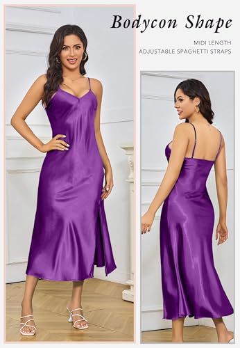 Image of ALCEA ROSEA Women's Long Satin Slip Dress Nightgowns Sexy Lingerie Adjustable Strap Midi Dress Silky Gown V Neck Under Dress