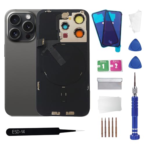 15 Pro Max Back Glass Replacement With Wireless Charging Flex Cable and Camera Frame All Parts for iPhone 15 Pro Max(6.7Inch Black) Replacement of equipment Waterproof Tape