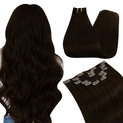 Ugeat Human Hair Clip in Extensions Dark Brown, Clip in