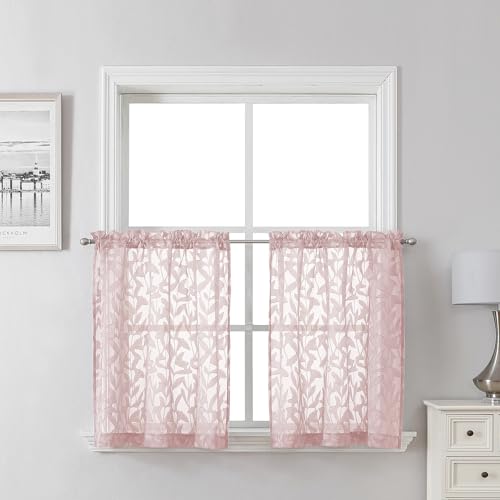 Lecloud Leia Blush Pink Kitchen Sheer Curtains 24 Inch 2 Pcs, Jacquard Leaf Textured Voile Short Curtain Tiers with Rod Pocket, Soft Airy Bathroom Bedroom Curtains for Small Windows, 28" W x 24" L