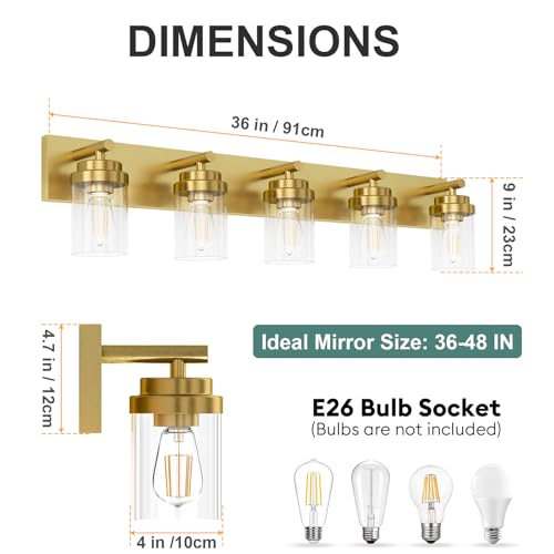 Image of IZORRO Bathroom Vanity Light Fixture, 5-Light 36 Inch Gold Bathroom Light Fixtures Over Mirror, with Clear Glass Shade, Modern Farmhouse Vanity Lights, Rustic Restroom Lighting Fixtures