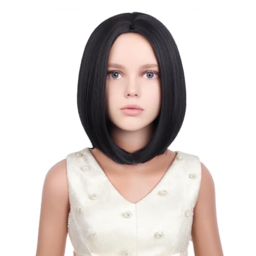 Image of Kids Black Wigs Black Bob Wig Short Middle Part Wigs for Girls Child Daily Halloween Cosplay Synthetic Wigs