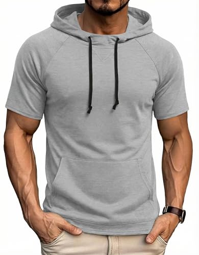 COOFANDY Sweat à Capuche Homme Manches Courtes - Sweatshirt Léger avec Poche Kangourou - Style Urbain & Sport pour Musculation, Gym, Fitness et Détente Été Gris...