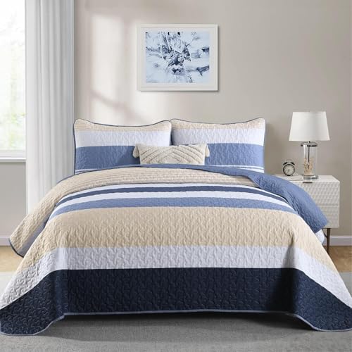 Dinjoy Full Boho Striped Quilt Set, Blue Lightweight Bedspread Bedding