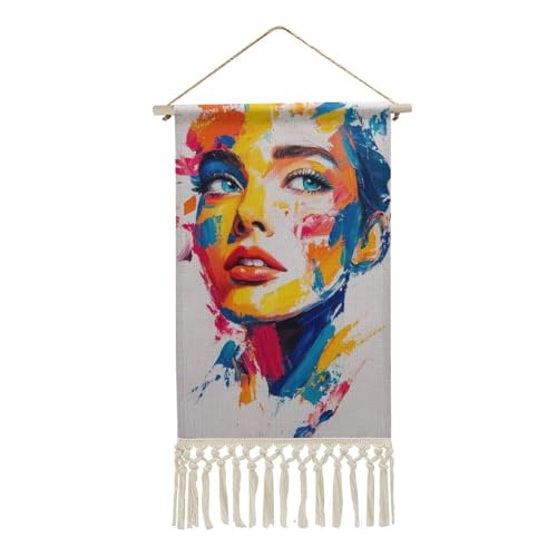 Jubonexis Arazzo da parete in lino, poster da parete vintage con nappe e asta in legno