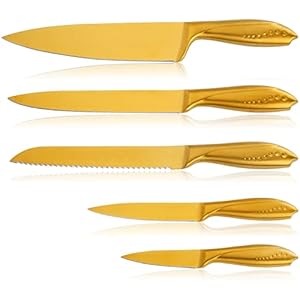 Golden Kitchen Knife Set 5 Piece WELLSTAR, Razor Sharp German Stainless Steel Blade and Ergonomic Handle with Gold Titanium Coated, Chef Carving Bread Utility Paring for Cutting and Peeling – Gift Box
