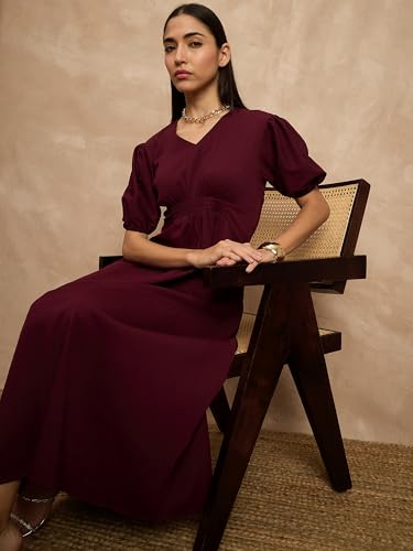 Image of Amazon Brand - INKAST Women A-Line Midi Dress | Puff Sleeves | Perfect for Casual and Semi-Formal Occasions