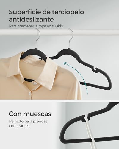 Miniatura 3 de Songmics Perchas De Terciopelo, Juego De 50 Piezas, Antideslizantes, Ranuras Para Hombros, Barra Para Pantalones, Gancho Giratorio 360 , 0,6 Cm De Grosor, 43 Cm Largo, Negro Clásico Crf029b05