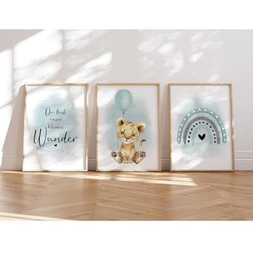 MeinBaby123® - obrazy do pokoju dziecięcego, zestaw 3 plakatów DIN A4, dekoracja ścianowa dla dziewcząt i chłopców, plakat ścienny premium (lew i balon miętowy)