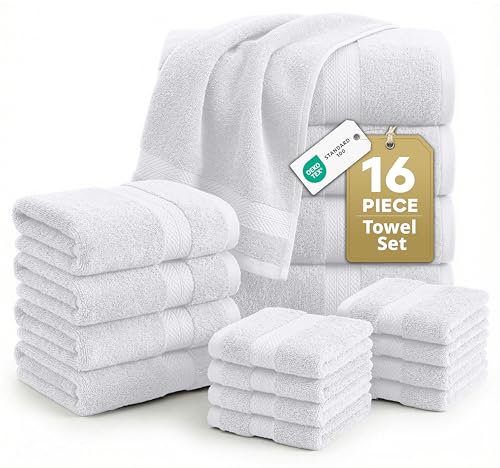 Image of LANE LINEN 16 Piece Bath Towels Set - Luxury Bath Towels, 100% Cotton Towels for Bathroom, Highly Absorbent Shower Towels, 4 Bath Towels, 4 Hand Towels and 8 Washcloths Sets- White