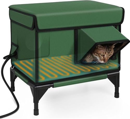 Lexiwy加熱式屋外猫ハウス、13cm高台ベース付き野良屋外猫シェルター、ヒーター付き断熱屋外猫シェルター、防水&断熱&安全な避難ドア、野良納屋猫用 (グリーン,L)