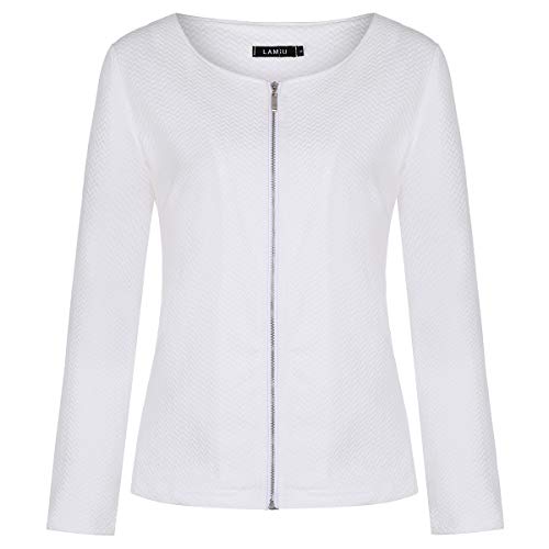 Women's Long Sleeve Blazer Open Front Cardigan Jacket Work Office Blazer with Zipper (White,2XL)