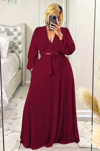 Image of Plus Size Women's 2 Piece Outfits Casual Long Sleeve Wrap Crop Top Maxi Long Dress Flowy Matching Sets