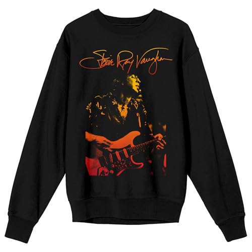 Bioworld Stevie Ray Vaughan Playing Guitar With Signature Adult Black Crew Neck Sweatshirt-XL