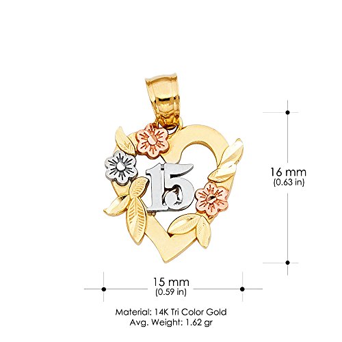 14K Tri Color Gold 15 Years Quinceanera Years Heart Charm Pendant with 0.8mm Box Chain Necklace3