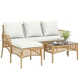 Outsunny Salon de Jardin extérieur d'angle 4 Places en résine tressée, canapé 2 Places, Chaise Longue, Table Basse, Plateau en Verre trempé et Coussins, mobilier de Jardin, terrasse, Patio, crème