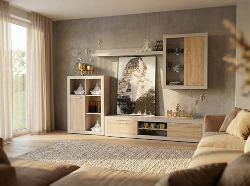 Homely - Módulo Alto de Pared Formentera | | Mueble de Pared para salón, Comedor, Cocina | 1 Puerta y 4 baldas de Cristal | Color Roble y Blanco | 80x30,5x100 cm