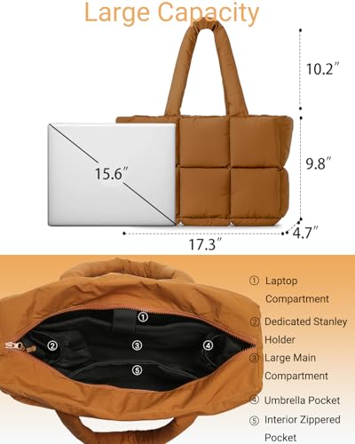 Image of Herald Puffer Tote Bag for Women, Large Quilted Puffy Handbag Lightweight Satchel Purse with Cup Holder & Compartment