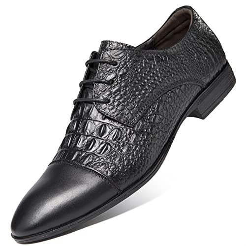 Dress Shoes for Men Lace Up Crocodile Print Derby Shoes Round Cap Toe Leather Non Slip Block Heel Anti-Slip Low Top Slip Resistant Wedding(Crocodile Print,10 M US)