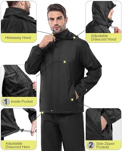 33,000ft Men's Rain Suit Packable Waterproof Lightweight Rain Gear for Golf Hiking Cycling 2 Pieces(Rain Jackets and Pants)