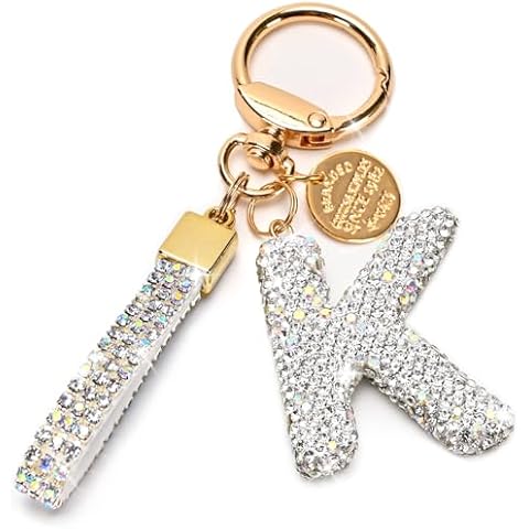 Initial Letter Keychain for Women Girls, Bling cute KeyChain for Car Key Accessories Lanyard and Backpack Bag，Perfect Gift (White-K) Cover