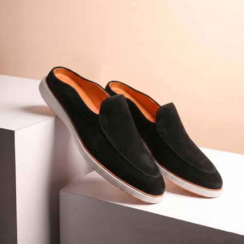 Image of HAYES LONDON Riviera Italian Suede Leather Backless Slip-On Mule Loafers for Men | Casual Summer Walk Half Shoes | Comfortable Open-Back Driving Loafers