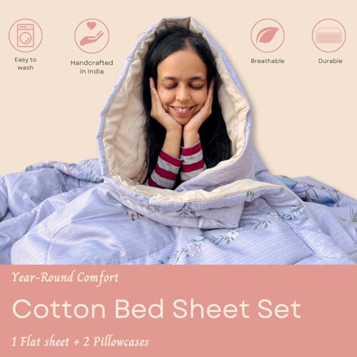 Image of Jaipur Weaves Jaipuri Double Bed Cotton Bedsheet Queen Size 90x85, 120 TC 100% Pure Cotton Bed Sheet with 2 Pillow Covers, Floral Traditional Print (Aqua, Queen)