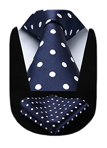 HISDERN Extra Long Polka Dots Tie Handkerchief Men's Necktie & Pocket Square Set, XL, 63 inches length, Navy Blue / White