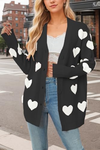 Image of Women Love Heart Graphic Oversized Sweaters Valentine Cute Cardigan Open Front Button Kawaii Preppy Aesthetic Clothes