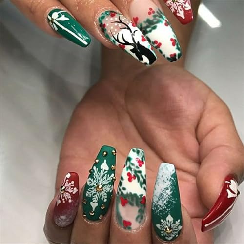 Christmas Press on Nails Long Medium Coffin Fake Nails with Designs False Nails with Glue on Nails Green White Stick on nails for Women and Girls