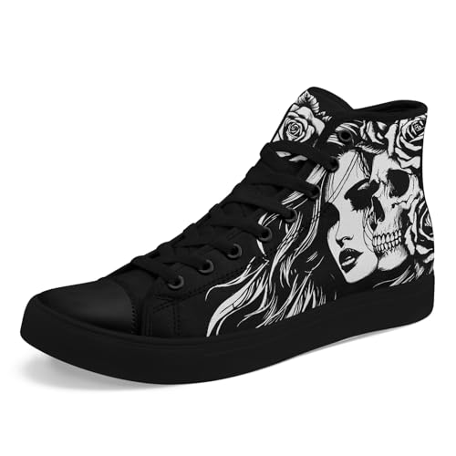 Mens Womens Gothic Skull Rose High Top Canvas Sneakers Punk Rock Floral Cool Lace-Up Casual Shoes Edgy Streetwear Aesthetic