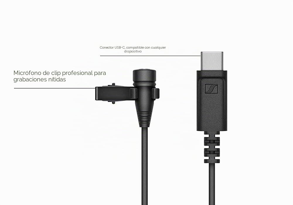 Sennheiser XS Lav USB-C, Micrófono Lavalier Omnidireccional con Pinza con Conector USB-C para Móvil y PC, 509261