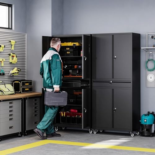 Image of Letaya Metal Garage Storage Cabinet with Wheels,Rolling Tool Cabinet with 4 Door Lock-Adjustable Shelves and 1 Drawer for Garage Home Office Utility Room (Black with Wheels)