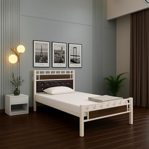 Image of Orvo Metal Double Size Bed Without Storage | Wrought Iron Double Bed with Headboard & Footboard | Sturdy Powder Coated Platform Bed for Bedroom Living Room Ivory (75x48)
