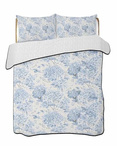 Yaiikkvbaa Quilts Queen Size Bedding Set, Blue Floral Summer Quilt 3 Pieces Bedding Sets, Garden Petals Flower Botanical Tree Branch Reversible Bedspreads Coverlets with 2 Pillow Shams for All Season