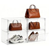 4 Pack Plastic Handbag Storage Organizer for Closet, Clear Acrylic Display Case with Magnetic Door for Handbag, Stackable Storage Boxes, Organizer for Wallet, Book, Toys