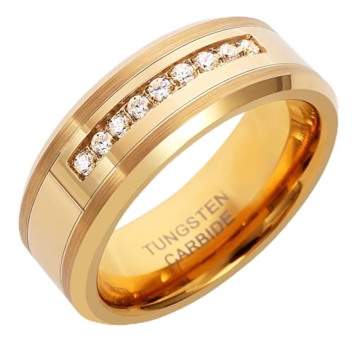 Mens Womens 8mm Tungsten Carbide 18k Gold Ring Fashion Luxury Zircon Wedding Couple Engagement CZ Band Size 11