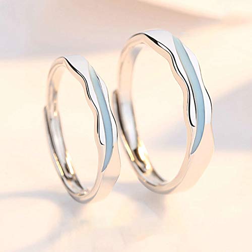 Bague de mariage couple argent réglable alliance vague bleue - 5