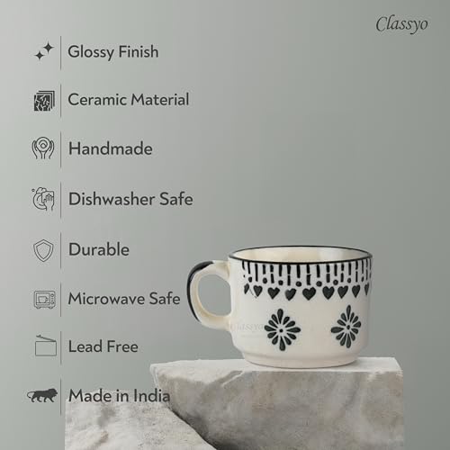 Image of Classyo Ceramic Tea Cup Set of 6 for Tea, Microwave and Dishwasher Safe, Capacity - 220ml Each (Gray Floral)