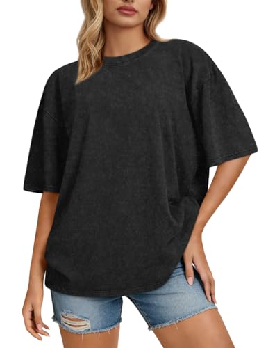 rosemia Oversized Tshirts for Women Acid Wash Short Sleeve Cotton Shirts Vintage Baggy Tops, Plain Black, L