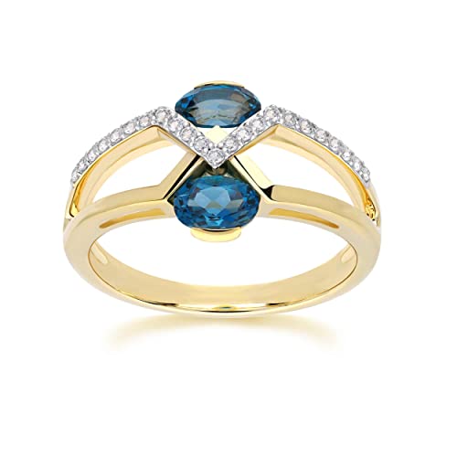 Ivy Gems Sterling Silver 18K Yellow Gold Plated Split Shank 2 Stones Statement Ring With London Blue Topaz And White Topaz Accented Contemporary Designs November Birthstones Size 7 #TOP11