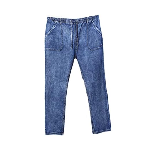 Herr hög midja jeans raka ben stor storlek herr svarta jeans sida flera fickor blå lösa elastiska bandbyxor, 083 Blå, 50 SE