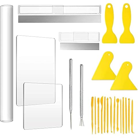 Allazone 25 PCS Acrylic Clay Roller with Acrylic Sheet, Acrylic Sheet Backing Board, Engraving Pen Plastic Scraper Clay DIY Tool for Shaping and Sculpting Cover