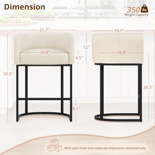Image of LUE BONA Counter Height Bar Stools Set of 6, Modern Barrel Counter Stools with Backrest and Arms, Black Metal Frames, Linen Fabric Upholstered Barstools for Kitchen, Light Linen Color