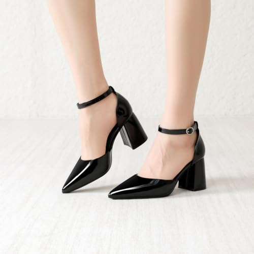 Image of RIBONGZ Block Heels for Women Closed Pointed Toe Heeled Slingback Chunky High Heel Ankle Strap Pumps Patent Leather Comfort Dressy Shoes for Work Party Prom Wedding Bridal Dress