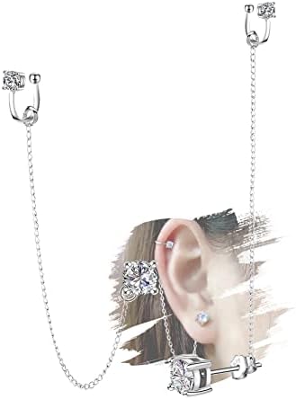 Cubic Zirconia Earrings - Crystal Ear Cuff Earrings Chain Sterling Silver Hypoallergenic Cubic Zirconia Earrings Rhinestones Drop Dangle Earrings 2 in 1 earrings Gifts for Women Girls