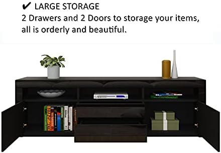 Senvoziii TV Cabinet, Black Gloss TV Stand Unit with Led Lights, Modern TV Stand Storage with 2 Drawers 2 Doors, TV Entertainment Unit for Living Room Furniture Decor, 160x35x60cm
